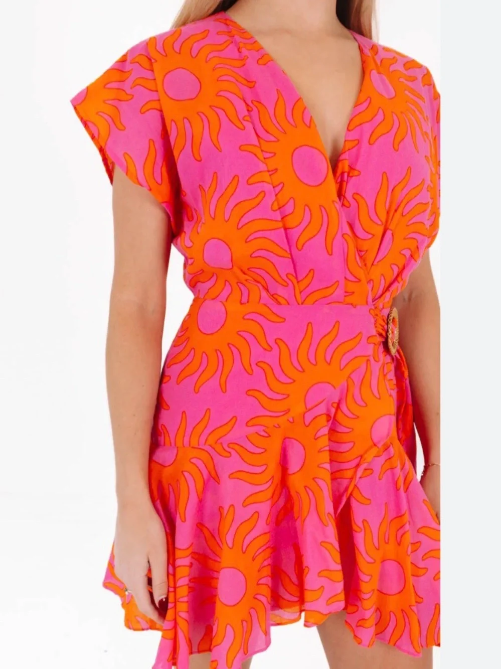 J. Marie Pink & Orange Sunburst Wrap Mini Romper - NWT size Large - Picture 6 of 16